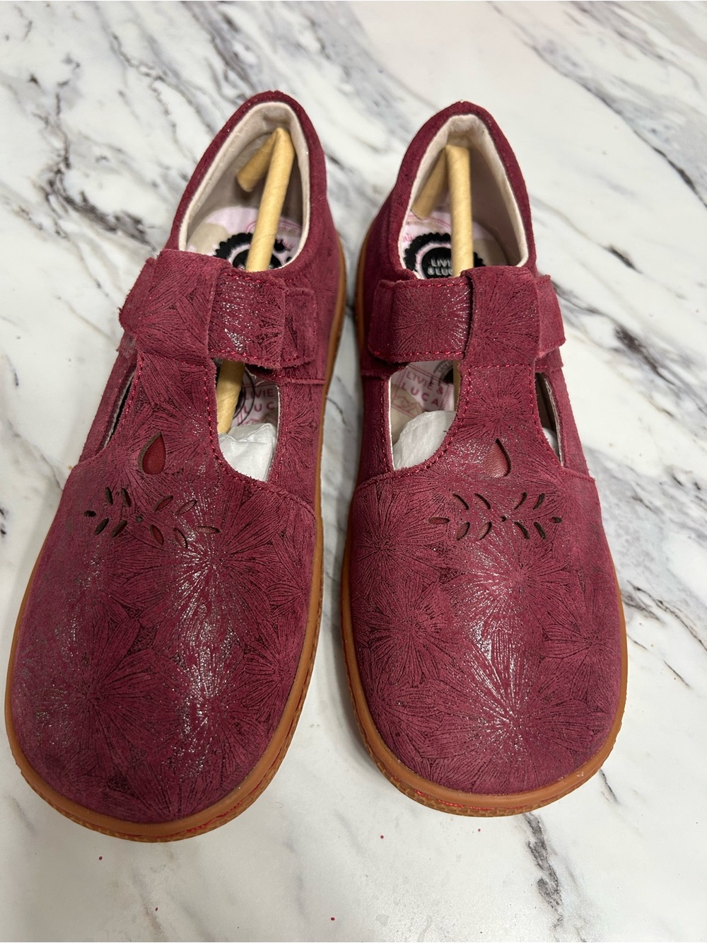 Livie & Luca Girls Burgundy Floral T-Strap Mary Janes